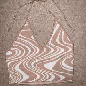 Tan and white cropped knit halter top